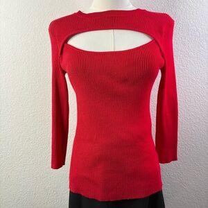 TAHARI Red Cutout Ribbed Knit Sweater — XS